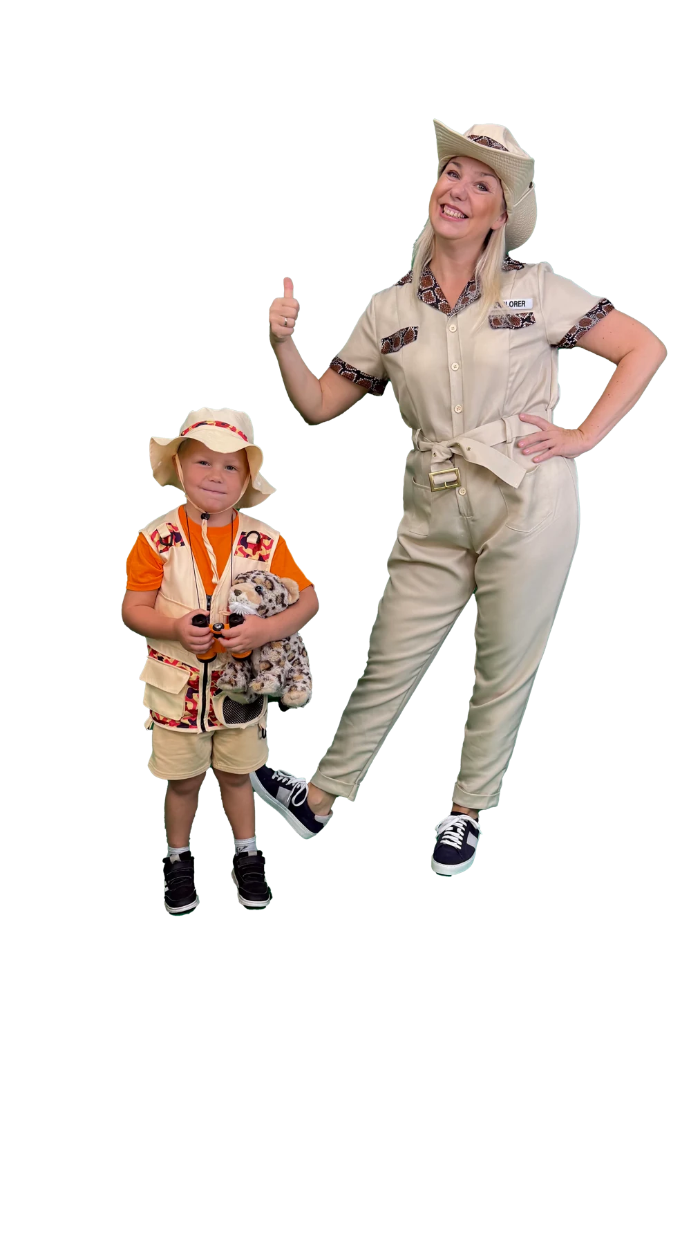 Ms Irina and Ivan in matching explorer outfits, with Toby the Leopard